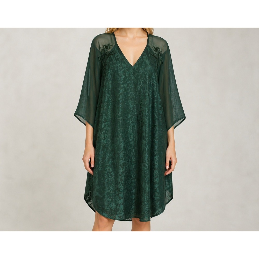 L'Anique Elegant Timeless Emerald Damask Chiffon‎ Dress Overlay Flowy SZ 14/16